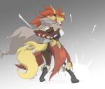  2021 anthro biped canid canine clothed clothing colored delphox explosion eyewear female fur generation_6_pokemon glasses hi_res looking_back mammal maya_del_phox nintendo pokemon pokemon_(species) red_body red_fur signature solo standing yellow_body yellow_fur zerofox1000 