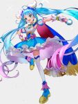  1girl :d asymmetrical_clothes blue_dress blue_eyes blue_footwear blue_hair boots cape commentary_request cure_sky detached_sleeves dress earrings eyelashes fingerless_gloves gloves hair_ornament happy highres hirogaru_sky!_precure jewelry light_blue_hair light_blush long_hair looking_at_viewer magical_girl open_mouth precure puffy_short_sleeves puffy_sleeves pukara short_sleeves simple_background smile solo sora_harewataru thighhighs thighs twintails very_long_hair white_gloves white_thighhighs 