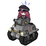  1girl black_headwear blue_archive chibi closed_mouth di-cokka grey_eyes ground_vehicle halo hat highres hrna iroha_(blue_archive) long_hair metal_slug military military_hat military_jacket military_vehicle motor_vehicle necktie parody peaked_cap red_hair red_necktie simple_background solo tank wavy_hair white_background 