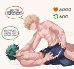  2boys abs athena_av bakugou_katsuki black_male_underwear blonde_hair blue_shorts boku_no_hero_academia commentary english_commentary english_text green_hair highres instagram_logo instagram_username looking_at_another lying male_focus male_underwear meme midoriya_izuku multiple_boys multiple_scars on_back scar scar_on_arm scar_on_chest scar_on_hand shorts simple_background speech_bubble spiked_hair topless_male twitter_logo twitter_strip_game_(meme) twitter_username underwear undressing_another yaoi 