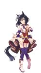  1girl animal_ears black_hair blue_eyes bob_cut breasts ear_scrunchie eishin_flash_(umamusume) hand_on_own_chest highres horse_ears horse_girl horse_tail jacket large_breasts long_sleeves looking_at_viewer midriff navel official_art purple_thighhighs red_shorts scrunchie short_hair shorts simple_background smile solo starting_future_(umamusume) tail thighhighs transparent_background umamusume white_jacket white_scrunchie 
