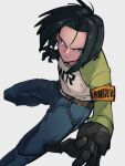  1boy android_17 armband black_gloves black_hair blue_eyes blue_pants closed_mouth denim dragon_ball dragon_ball_super gloves green_shirt grey_background jeans kemachiku long_sleeves male_focus pants shirt short_hair simple_background two-tone_shirt white_shirt 