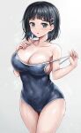  1girl bangs bare_shoulders black_hair black_one-piece_swimsuit blunt_bangs blush bob_cut breasts cleavage collarbone commentary_request competition_swimsuit covered_navel cowboy_shot green_eyes hair_ornament hairclip highres kirigaya_suguha large_breasts looking_at_viewer one-piece_swimsuit parted_lips r-binon short_hair sidelocks simple_background solo standing strap_pull swimsuit sword_art_online wet white_background 