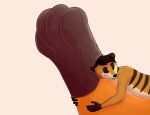  anthro black_hair black_nose brown_body brown_fur duo eyes_closed feet foot_focus fur gloves_(marking) hair male markings mouth_closed orange_body orange_fur roobin side_view simple_background solo_focus species_request striped_back tan_body tan_fur whiskers 