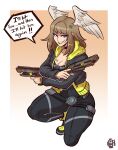  1girl absurdres bangs black_bodysuit black_choker black_jacket blue_eyes bodysuit breast_tattoo breasts brown_hair choker cleavage eunie_(xenoblade) gun head_wings highres hood jacket large_breasts long_hair looking_at_viewer medium_hair open_clothes scruffyturtles smile solo tattoo weapon white_wings wings xenoblade_chronicles_(series) xenoblade_chronicles_3 