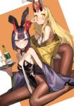  2girls alcohol animal_ears bangs bare_shoulders black_footwear black_leotard blonde_hair blush bob_cut breasts brown_pantyhose champagne champagne_bottle chorogon cup detached_collar drinking drinking_glass earrings eyeliner facial_mark fake_animal_ears fate/grand_order fate_(series) forehead forehead_mark grin hair_pulled_back high_heels highleg highleg_leotard highres horns ibaraki_douji_(fate) japanese_clothes jewelry kimono leotard long_hair long_sleeves looking_at_viewer makeup multiple_girls necktie off_shoulder oni oni_horns pantyhose playboy_bunny purple_eyes purple_hair purple_kimono rabbit_ears short_hair shuten_douji_(fate) sitting skin-covered_horns small_breasts smile tattoo tray wariza white_leotard wide_sleeves yellow_eyes yellow_kimono 