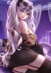  1girl :d absurdres ass azur_lane bag bangs bare_shoulders black_bra black_skirt black_thighhighs blue_eyes bra breasts classic_(zildjian33) elbe_(azur_lane) eyewear_on_head fang from_behind garter_straps grey_hair highres holding holding_bag indoors lace-trimmed_bra lace_trim large_breasts long_hair long_sleeves looking_at_viewer looking_back night on_bed open_mouth sideboob skin_fang skindentation skirt smile solo sunglasses thighhighs twintails underwear upskirt very_long_hair window 