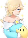  1girl aqua_dress blue_eyes brooch closed_mouth dress happy highres jewelry long_hair luma_(mario) mario_(series) rosalina simple_background smile sparkle super_mario_galaxy super_mario_galaxy_2 super_smash_bros. tomatomiya white_background 