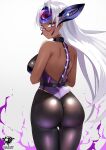  1girl absurdres android ass bare_shoulders blue_eyes breasts cleavage cyborg dark-skinned_female dark_skin elbow_gloves forehead_protector glasses gloves highres kaos_art large_breasts long_hair looking_at_viewer solo t-elos t-elos_re: thighhighs very_long_hair white_hair xenoblade_chronicles_(series) xenoblade_chronicles_2 