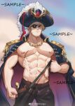 1boy abs absurdres bara bare_pectorals black_pants blonde_hair chengzibaobaozhu coat coat_on_shoulders commission cowboy_shot eyepatch facial_hair hat highres large_pectorals looking_at_viewer male_focus mature_male muscular muscular_male navel nipples original pants pectorals pirate pirate_hat sample_watermark scar scar_on_cheek scar_on_chest scar_on_face short_hair sideburns smile solo stomach stubble 