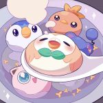  :d blush bowl chinese_spoon closed_eyes commentary_request gatcha8169 highres jigglypuff liquid no_humans open_mouth piplup pokemon pokemon_(creature) rowlet smile sparkle sparkling_eyes torchic 