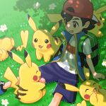  1boy :d arm_support ash_ketchum backpack backwards_hat bag bangs baseball_cap black_hair blue_footwear blue_jacket blush brown_eyes commentary_request day flower grass green_bag hat highres jacket lower_teeth_only male_focus minato_(mntnm) open_mouth outdoors pikachu pokemon pokemon_(anime) pokemon_(creature) pokemon_journeys red_headwear shirt shoes short_hair short_sleeves shorts sitting sleeveless sleeveless_jacket smile t-shirt teeth white_flower 