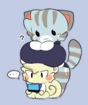  2022 :&lt; :3 animal_crossing anthro beady_eyes being_watched black_eyes blue_clothing blue_shirt blue_topwear blush blush_stickers boob_hat breast_rest breasts clothing curious daww digital_drawing_(artwork) digital_media_(artwork) domestic_cat duo ellipsis felid feline felis female fur gaming glistening glistening_body glistening_fur grey_body grey_fur happy larger_female lolly_(animal_crossing) looking_at_another low_res male mammal marshal_(animal_crossing) nintendo nintendo_3ds nintendo_ds_family pantsless playing_videogame question_mark rodent sciurid shirt short_stack sitting size_difference sleepysous smaller_male smile topwear tree_squirrel white_body white_fur 