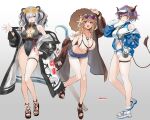  3girls ;) ;p adapted_costume animal_ears arknights bare_shoulders bikini black_hair black_leotard blonde_hair blue_jacket breasts cleavage coat commentary_request covered_navel denim denim_shorts feater_(arknights) full_body gradient_background grey_background grey_hair hair_between_eyes highres jacket large_breasts leotard long_hair long_sleeves looking_at_viewer multicolored_hair multiple_girls navel off_shoulder official_alternate_costume one_eye_closed open_clothes open_coat panda_ears pink_eyes purple_eyes purple_hair short_shorts shorts sideroca_(arknights) sideroca_(light_breeze)_(arknights) skindentation smile standing stomach streaked_hair swimsuit tail takechi_akinobu thigh_strap thighs tongue tongue_out utage_(arknights) utage_(summer_flowers)_(arknights) 
