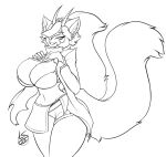  2022 anthro big_breasts breasts domestic_cat felid feline felis female huge_breasts lunarspy mammal midriff monochrome narrowed_eyes navel one_eye_obstructed signature simple_background smile solo standing text thick_thighs 
