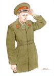  1boy adjusting_clothes adjusting_headwear arm_at_side black_headwear brown_coat brown_hair brown_headwear coat collar_tabs collared_coat collared_shirt commentary cropped_legs dated epaulettes facing_down green_necktie green_shirt hand_up hat hat_ornament highres horikou insignia layered_sleeves long_sleeves looking_down male_focus military military_hat military_jacket military_uniform multicolored_clothes multicolored_headwear necktie officer original parted_lips peaked_cap pocket realistic red_headwear red_star red_trim shirt short_hair signature simple_background solo soviet soviet_army star_(symbol) star_hat_ornament uniform very_short_hair white_background 