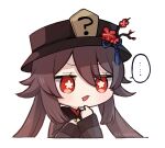  ... 1girl ? artist_name bangs black_headwear blue_ribbon blush branch brown_coat brown_hair chibi coat collared_coat commentary_request flower flower-shaped_pupils genshin_impact gradient_hair hair_between_eyes hands_up hat hat_flower hat_ornament hat_ribbon honotai hu_tao_(genshin_impact) long_hair long_sleeves looking_to_the_side mandarin_collar multicolored_hair open_mouth pink_flower red_eyes red_flower red_shirt ribbon shirt sidelocks simple_background solo speed_lines symbol-shaped_pupils tassel tassel_hat_ornament twintails upper_body white_background wide_sleeves wing_collar 