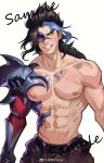  1boy abs armor bara black_hair chengzibaobaozhu cowboy_shot eye_trail heterochromia highres kayn_(league_of_legends) league_of_legends light_trail long_hair long_sideburns looking_at_viewer male_focus metal muscular muscular_male navel nipples pauldrons pectorals sample_watermark shoulder_armor sideburns single_pauldron solo stomach sweat thick_eyebrows topless_male 