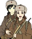 2girls bangs black_hair blue_eyes bolt_action brown_coat brown_eyes brown_hair closed_mouth coat collar_tabs collared_coat commentary english_commentary epaulettes freckles fur_hat gun hat hat_ornament ivan long_sleeves looking_at_viewer medium_hair military military_hat military_jacket military_uniform mosin-nagant multiple_girls open_mouth original pointing pointing_forward red_star red_trim rifle ringed_eyes short_hair shoulder_strap sling smile soldier soviet soviet_army star_(symbol) star_hat_ornament transparent_background uniform upper_body ushanka weapon weapon_on_back white_headwear world_war_ii 