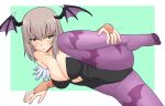  1girl animal_ears black_leotard blue_eyes blush border breasts cleavage closed_mouth cosplay covered_navel fake_animal_ears girls_und_panzer green_background itsumi_erika large_breasts leotard long_hair morrigan_aensland morrigan_aensland_(cosplay) pantyhose purple_pantyhose simple_background solo uona_telepin white_border white_hair wing_ears 