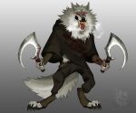  2023 anthro biped black_bottomwear black_cloak black_clothing black_pants blood blood_on_weapon bodily_fluids bottomwear canid canine canis claws clothing death_(puss_in_boots) digital_media_(artwork) digitigrade fangs finger_claws fur gradient_background grey_background grey_body grey_fur holding_object holding_weapon male mammal pants puss_in_boots_(film) puss_in_boots_the_last_wish red_eyes sickle simple_background solo teeth toe_claws velial1987 weapon white_body white_fur wolf 