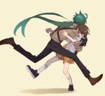  2girls ahoge androgynous bangs black_footwear black_gloves black_pants brown_footwear brown_hair brown_shirt collared_shirt commentary covered_face cr_loop facing_away from_side full_body glomp gloves green_hair hug juliana_(pokemon) leg_up legs_apart long_hair low_ponytail midair multiple_girls necktie orange_necktie orange_shorts outstretched_arms pants pokemon pokemon_(game) pokemon_sv rika_(pokemon) shirt shoes short_hair shorts simple_background socks standing standing_on_one_leg suspender_pants suspenders swept_bangs white_shirt white_socks yellow_background 