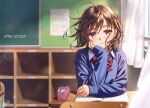  1girl absurdres bangs brown_eyes brown_hair chalkboard classroom closed_mouth curtains day desk fingernails highres holding holding_pencil indoors lips long_sleeves morikura_en original pencil pencil_case scan school_desk school_uniform simple_background sitting sleeves_past_wrists solo sweater upper_body window 