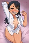  1girl :d absurdres aldharoku arm_up bangs black_hair blush breasts brown_eyes collarbone collared_shirt covered_nipples crossed_legs dark-skinned_female dark_skin fang gradient_background hair_ornament hairclip hand_up highres ijiranaide_nagatoro-san long_hair nagatoro_hayase nail_polish navel no_panties partially_unbuttoned red_nails shirt sitting small_breasts smile teeth tongue white_shirt 