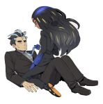  1boy 1girl assertive_female black_footwear black_hair blue_gloves commission dark-skinned_female dark_skin dede_(qwea_00000) geeta_(pokemon) gloves larry_(pokemon) looking_at_another lying necktie necktie_grab neckwear_grab pokemon pokemon_(game) pokemon_sv simple_background smile sweat white_background 