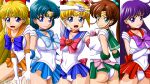  5girls ahoge aino_minako artist_name ass back_bow bishoujo_senshi_sailor_moon blonde_hair blue_eyes blue_hair blue_sailor_collar blue_skirt bow bowtie breasts brooch brown_hair cameltoe choker closed_mouth clothes_lift collarbone commentary covered_nipples crescent crescent_earrings crescent_wand crossed_arms diadem double_bun earrings elbow_gloves eyelashes gloves green_choker green_sailor_collar green_skirt hair_bobbles hair_bow hair_bun hair_ornament hands_on_thighs high_ponytail highres hino_rei inner_senshi jewelry kino_makoto large_breasts legs leotard leotard_peek long_hair looking_at_viewer magical_girl miniskirt mizuno_ami multiple_girls multiple_views onoe open_mouth orange_sailor_collar orange_skirt pleated_skirt purple_eyes purple_hair red_bow red_bowtie red_choker red_sailor_collar red_skirt sailor_collar sailor_jupiter sailor_mars sailor_mercury sailor_moon sailor_senshi sailor_senshi_uniform sailor_venus short_hair sitting skirt skirt_lift smile standing star_(symbol) star_earrings thighs tongue tsukino_usagi twintails v very_long_hair wariza web_address white_background white_leotard 