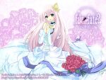  1girl blue_eyes child-box dress flower garter_belt hair_ornament long_hair megurine_luka pink_hair rose sitting solo song_name song_request thighhighs very_long_hair vocaloid white_dress white_thighhighs 