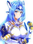  1girl alear_(female)_(fire_emblem) alear_(fire_emblem) android blue_eyes blue_hair breasts cosplay elbow_gloves fire_emblem fire_emblem_engage gloves highres kos-mos large_breasts long_hair looking_at_viewer medium_breasts simple_background solo to_(tototo_tk) very_long_hair xenosaga 