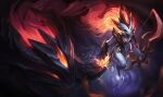  1girl armor bad_source bow_(weapon) colored_skin gem glowing glowing_eyes holding holding_bow_(weapon) holding_weapon horns lamb_(league_of_legends) league_of_legends leotard long_hair mask official_art red_eyes red_hair shadowfire_kindred sharp_teeth standing teeth wading water weapon white_skin wolf wolf_(league_of_legends) 