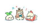  3others :d bird blob blush brown_capelet capelet chicken creature dakuma feathers heart hololive hololive_english hooman_(nanashi_mumei) kfp kfp_employee_(takanashi_kiara) lying mascot multiple_others musical_note on_stomach owl ribbon sapling_(ceres_fauna) sitting smile sprout_on_head 