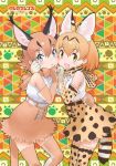  2girls animal_ears belt blonde_hair blue_eyes bow bowtie caracal_(kemono_friends) cat_ears cat_girl cat_tail closed_mouth elbow_gloves extra_ears gloves kemono_friends kneehighs looking_at_viewer multiple_girls official_art open_mouth orange_hair serval_(kemono_friends) shirt short_hair simple_background skirt sleeveless sleeveless_shirt socks tail yellow_eyes yoshizaki_mine 