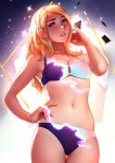  1girl alternate_costume bangs bikini blonde_hair blue_eyes breasts cleavage cowboy_shot groin hairband hand_in_own_hair hand_on_hip highres league_of_legends lightning long_hair lux_(league_of_legends) medium_breasts multicolored_background navel parted_lips purple_bikini smile solo sparkle stomach swimsuit teeth tsuaii white_bikini white_hairband 