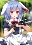  1girl :d alternate_costume animal_ears apron bangs bayonet blue_hair bow bowtie breasts collared_dress cowboy_shot dress floppy_ears gun highres knife maid maid_apron musket one-hour_drawing_challenge open_mouth outdoors puffy_short_sleeves puffy_sleeves rabbit_ears red_bow red_bowtie reisen_(touhou_bougetsushou) rifle ruu_(tksymkw) short_hair short_sleeves shotgun small_breasts smile solo touhou weapon white_apron 