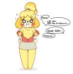  animal_crossing anthro blush blush_lines bodily_fluids breasts clothing embarrassed english_text female isabelle_(animal_crossing) nintendo pyrpul small_breasts solo sweat tail tail_motion tailwag text undressing 