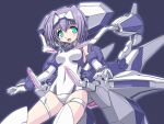  1girl :d aqua_eyes aqua_pupils bangs breasts covered_navel elbow_gloves exelica forehead_protector gloves hair_between_eyes hair_intakes leotard looking_at_viewer mecha_musume open_mouth purple_background purple_hair shinjou_satomi short_hair simple_background small_breasts smile solo trigger_heart_exelica white_gloves white_leotard 