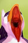  ambiguous_gender anthro avian beak bodily_fluids bust_portrait eyebrows eyelashes eyes_closed front_view green_background hi_res mouth_shot open_mouth orange_beak pink_body pink_ears portrait purple_body purple_eyebrows red_tongue roobin saliva saliva_on_tongue saliva_string simple_background solo tongue tongue_out white_body 