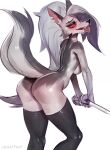  2023 anthro black_body black_fur breasts butt canid canid_demon demon eyeshadow female fur grey_hair hair hellhound helluva_boss hi_res inner_ear_fluff johnfoxart looking_at_viewer looking_back looking_back_at_viewer loona_(helluva_boss) makeup mammal multicolored_body multicolored_fur open_mouth open_smile red_sclera side_boob simple_background smile smiling_at_viewer solo thigh_highs_only tuft two_tone_body two_tone_fur white_body white_fur 
