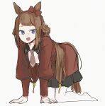  1girl all_fours animal_ears bare_shoulders barefoot blue_eyes brown_hair collared_dress dress grey_background hair_rings hairband highres horse_ears horse_girl horse_tail long_hair long_sleeves looking_at_viewer necktie open_mouth red_dress ryne_25 short_necktie simple_background smile solo sweep_tosho_(umamusume) tail umamusume 