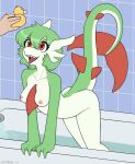  anthro bathroom bathtub bent_over breasts disembodied_hand female fin fish gardevoir generation_3_pokemon green_body green_hair hair hi_res hybrid inside marine nintendo nipples nude open_mouth partially_submerged pokemon pokemon_(species) rubber_duck shark sharp_teeth solo soupbag standing_in_water tail tail_fin teeth tongue tongue_out white_body 
