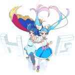  1girl absurdres ahoge bangs blue_eyes blue_hair bow cape cure_sky detached_sleeves earrings fingerless_gloves gloves highres hirogaru_sky!_precure jewelry long_hair magical_girl open_mouth precure saitou_atsushi_(kamatamanankotu) single_sidelock smile sora_harewataru teeth twintails two-sided_fabric upper_teeth_only very_long_hair white_gloves wing_hair_ornament 