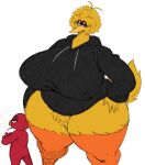  absurd_res anthro avian beak big_bird big_breasts bird blonde_hair bottomless breasts cigarette clothed clothing crossed_arms crossgender duo elmo female hair hi_res hoodie huge_breasts huge_hips huge_thighs humanoid larger_female looking_at_viewer looking_back male mtf_crossgender muppets narrowed_eyes non-mammal_breasts red_body sesame_street size_difference smaller_male smoking sssonic2 thick_thighs topwear wide_hips yellow_body 
