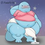  anthro axoarts belly big_butt blue_body blush bodily_fluids butt clothed clothing digital_media_(artwork) erection erection_under_clothing front_view generation_2_pokemon genital_fluids hand_behind_head happy male moobs navel nintendo obese obese_anthro obese_male on_ground overweight overweight_anthro overweight_male pink_clothing pink_shirt pink_t-shirt pink_topwear pokemon pokemon_(species) precum quagsire saliva saliva_string shirt smile solo standing t-shirt thick_thighs topwear underwear 