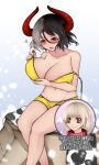  2girls animal_print aoshima areola_slip breasts commentary_request cow_horns cow_print highres horns large_breasts long_earlobes multicolored_hair multiple_girls red_horns shorts split-color_hair swimsuit touhou two-tone_hair ushizaki_urumi wardrobe_malfunction yellow_shorts 