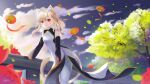  ^_^ animal_ears blonde_hair closed_eyes cloud falling_petals highres hitatsuphat lantern nijigen_project nika_lan_linh petals red_eyes sky smile tail tree uwu vietnamese_clothes vietnamese_dress 