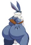  2023 absurd_res anthro backsack balls big_butt bodily_fluids butt e._aster_bunnymund genitals green_eyes hi_res huge_butt lagomorph leporid looking_at_viewer looking_back looking_back_at_viewer male mammal nude rabbit rise_of_the_guardians solo sssonic2 sweat sweatdrop 