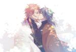  2boys aged_up alternate_universe bangs belt black_hair closed_eyes coat couple dappled_sunlight demon_slayer_uniform face-to-face floating_hair from_side haori japanese_clothes katana kimetsu_no_yaiba kiss kozenini long_hair long_sleeves male_focus multiple_boys pink_hair profile red_coat sabito_(kimetsu) scar scar_on_cheek scar_on_face sunlight sword tomioka_giyuu upper_body weapon white_background white_coat wide_sleeves wind yaoi 